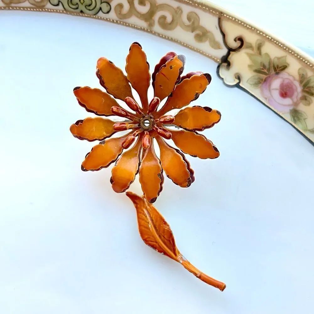 Vintage Orange Enamel Flower Brooch